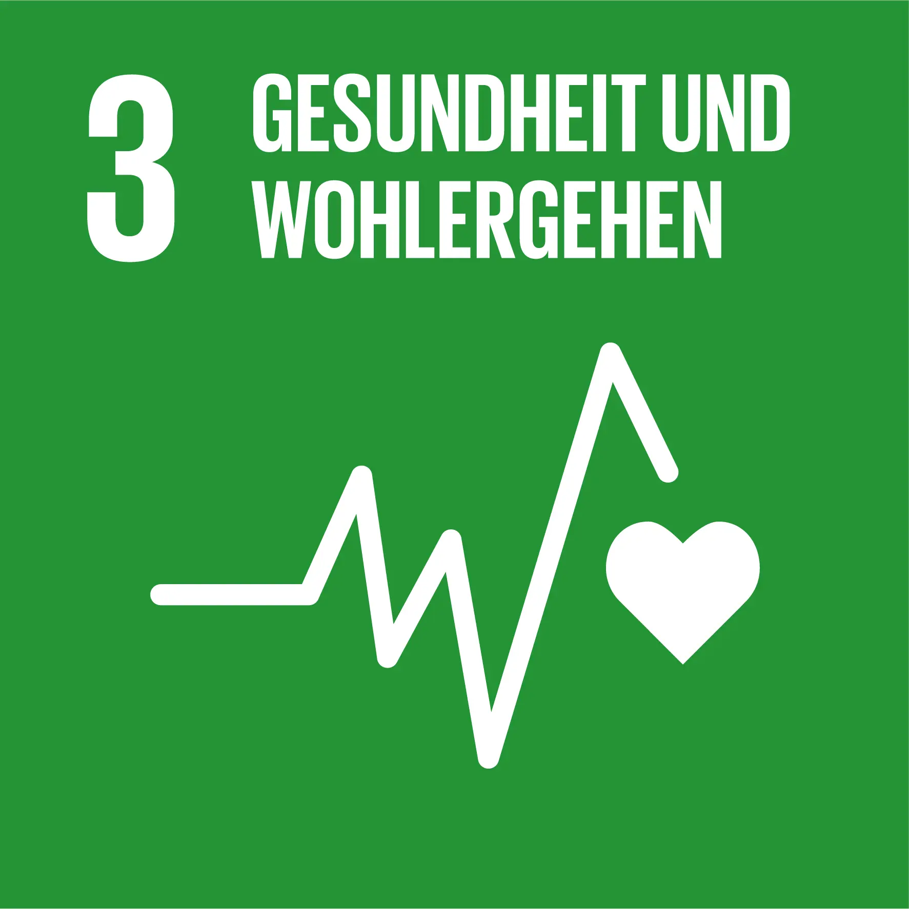 Ziel 3: Gesundheit und Wohlergehen. Ein weißes EKG-Herzrhythmus-Signal auf einem Herz vor einem dunkelgrünen Hintergrund.