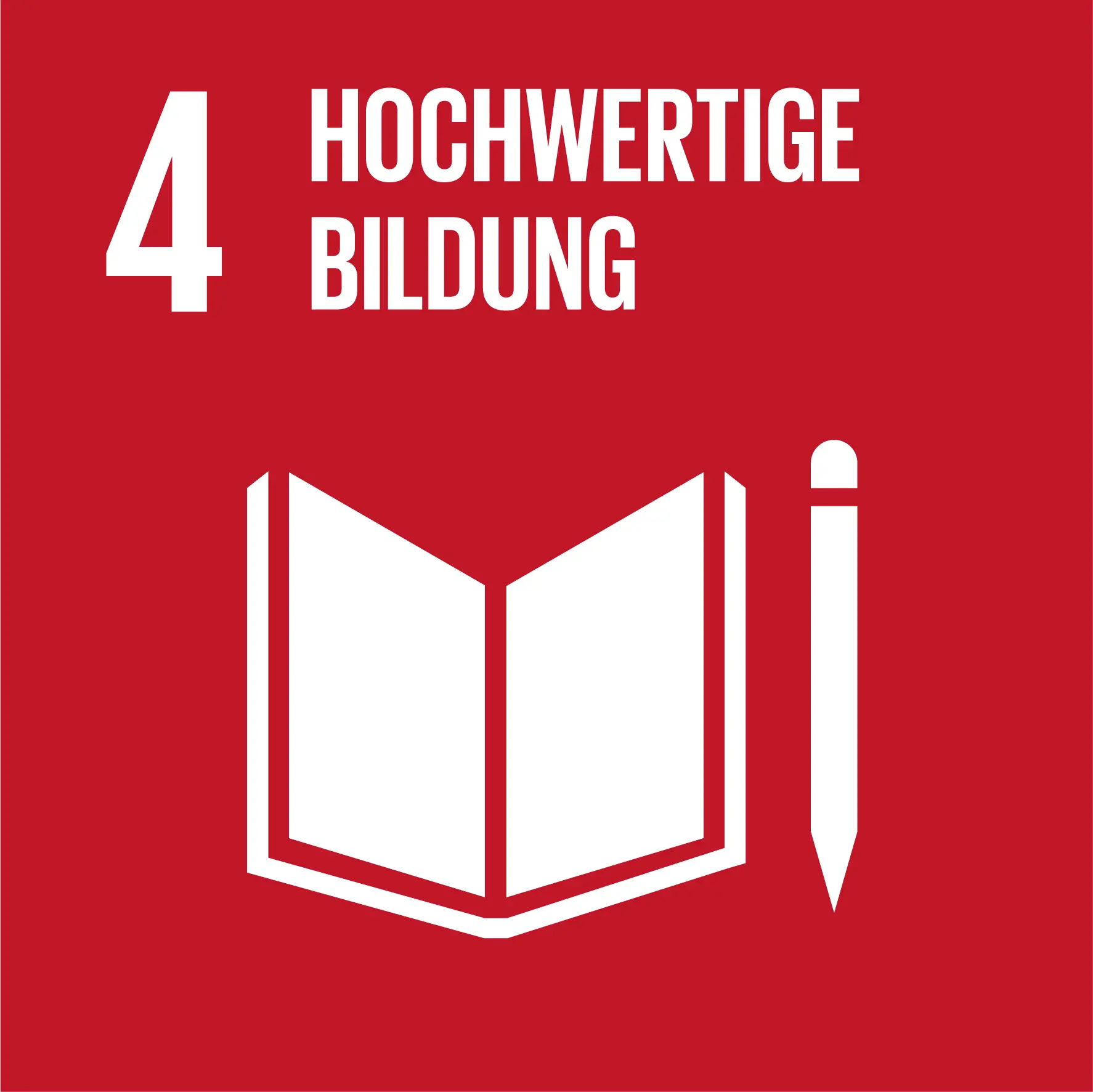 Ziel 4: Hochwertige Bildung. Ein aufgeschlagenes Buch mit einem Stift davor auf einem roten Hintergrund.