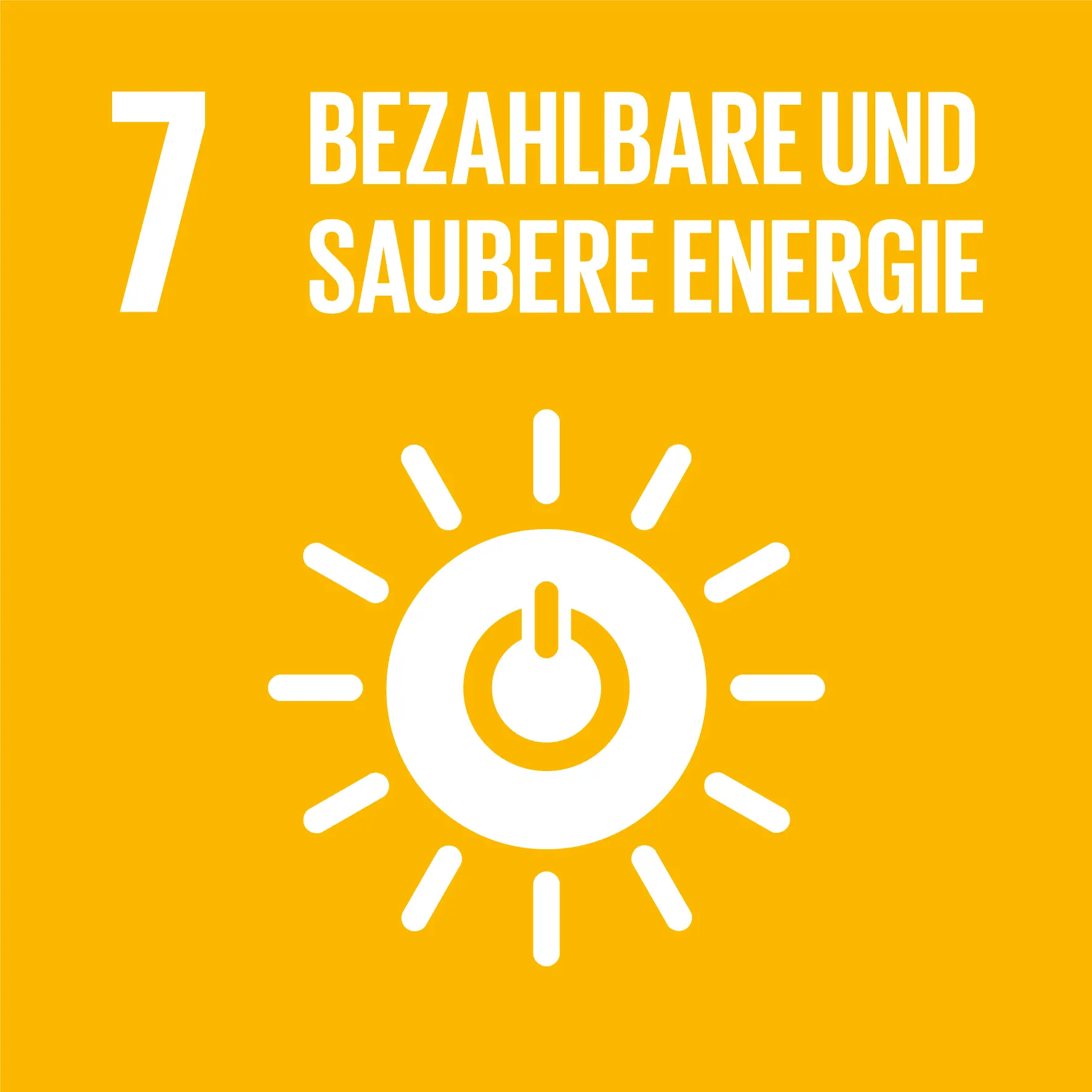 Ziel 7: Bezahlbare und saubere Energie. Eine stilisierte Sonne mit einem Stromstecker im Zentrum vor einem gelben Hintergrund.