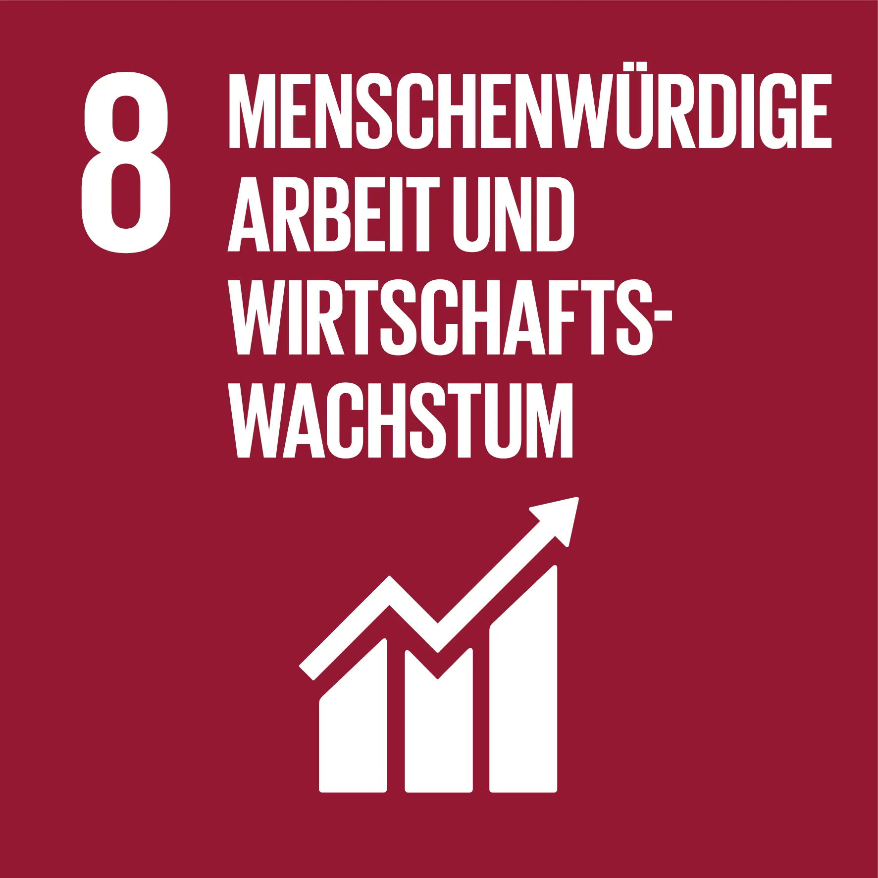 Ziel 8: Menschenwürdige Arbeit und Wirtschaftswachstum. Ein steigender Zickzack-Pfeil mit einer Aktiengrafik vor einem weinroten Hintergrund.
