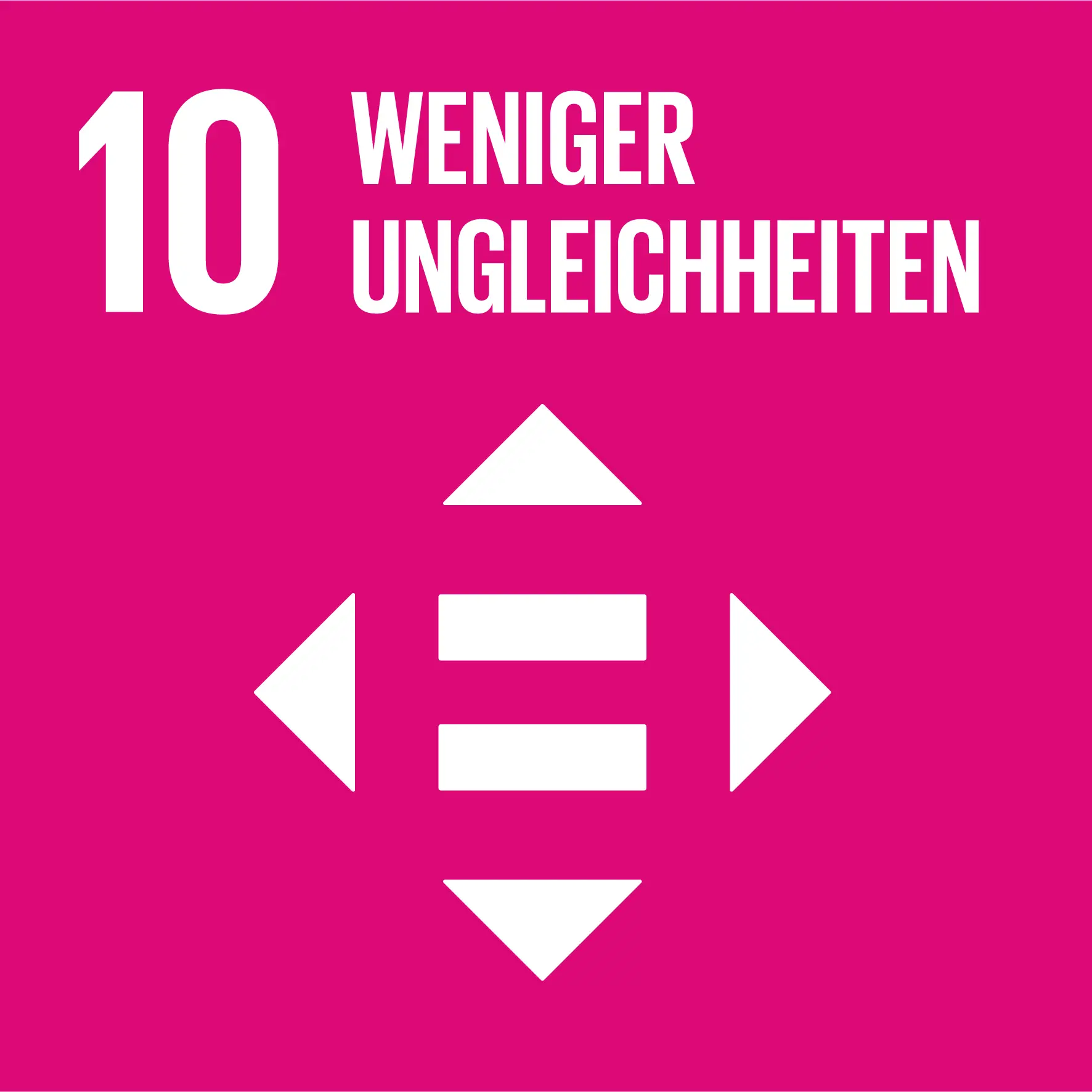 Ziel 10: Weniger Ungleichheiten. Vier Pfeile um zwei parallele Linien, die Gleichheit symbolisieren, vor einem magentafarbenen Hintergrund.