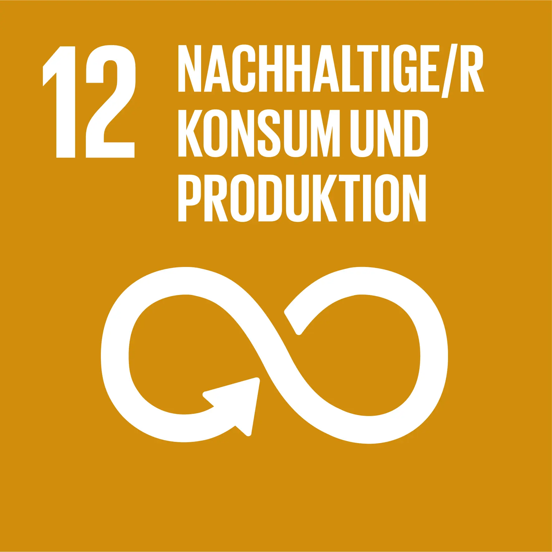 Ziel 12: Nachhaltige/r Konsum und Produktion. Ein Unendlichkeitssymbol aus einem Pfeil vor einem dunkelgelben Hintergrund.