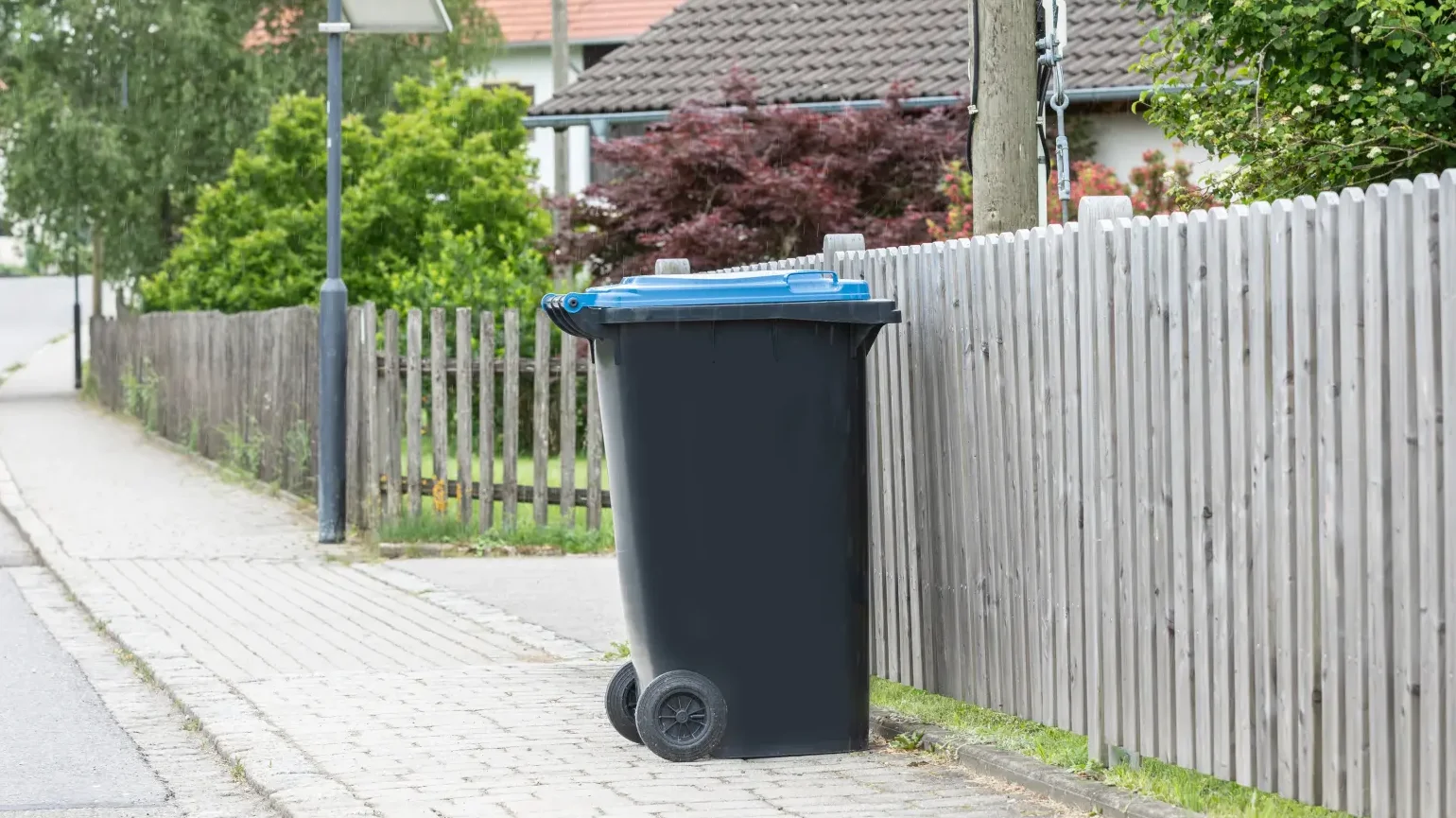 Altpapiertonne auf Gehweg an Zaun
