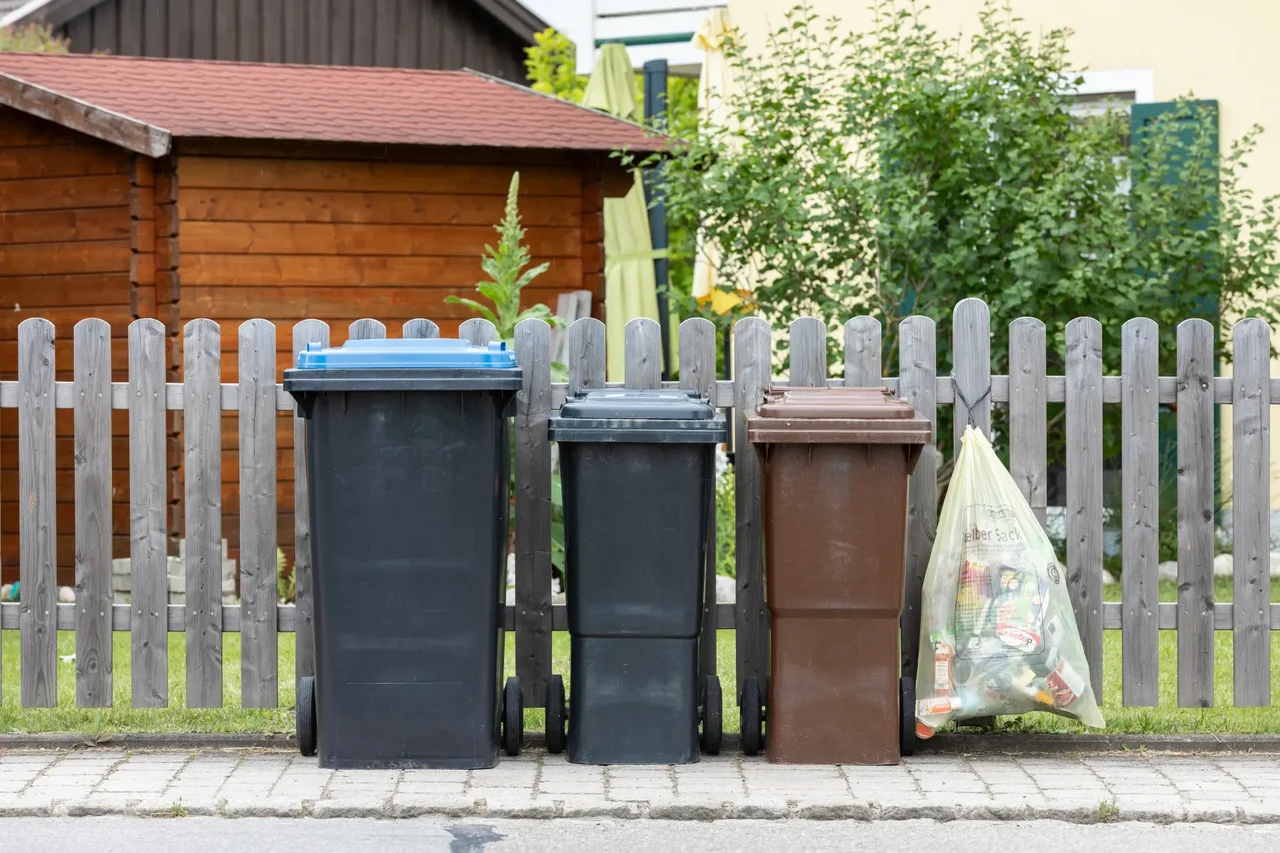 Drei Mülltonnen und gelber Sack vor Gartenzaun